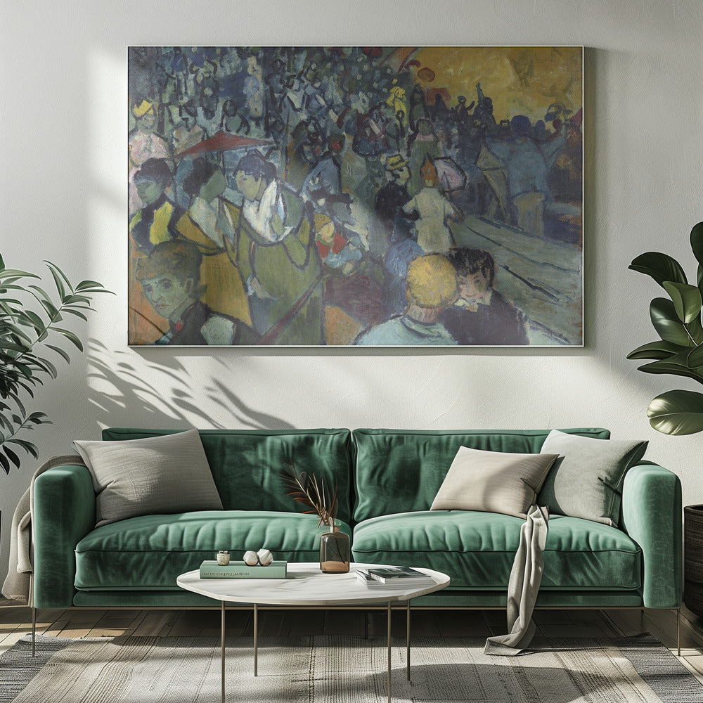 A post-impressionist painting in a silver frame depicting a dense crowd of people at a lively event. The scene is rendered with expressive brushstrokes in a palette of deep blues, greens, and a large area of bright yellow light, conveying a sense of bustling energy and movement. Decor