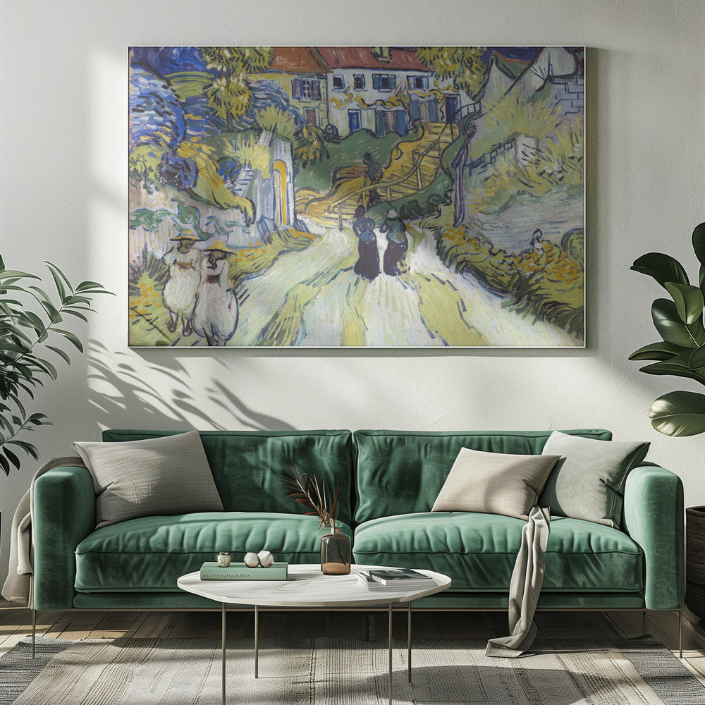 A post-impressionist painting by Vincent van Gogh titled 'Stairway at Auvers'. The artwork depicts a vibrant village scene with figures walking along a winding path up a hill. A prominent house with a red roof sits atop the hill next to a wooden staircase. The landscape is rendered in expressive brushstrokes of green, yellow, and blue, all enclosed within a silver frame. Print