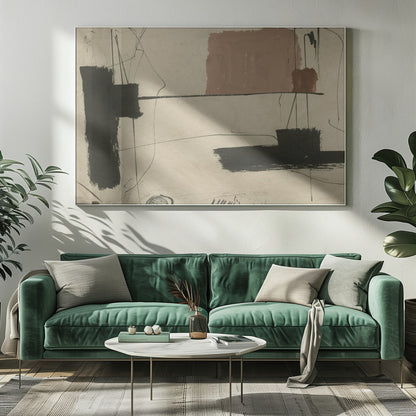 An abstract painting with a beige background featuring bold, black brushstrokes and a large, muted brown rectangular shape. Thin, erratic black lines are scrawled across the canvas, intersecting with the colored forms. The entire piece is framed in a simple silver frame. Wall Art