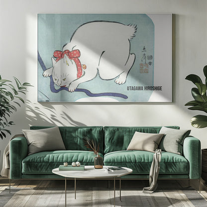 A Japanese woodblock print by Utagawa Hiroshige featuring a white cat with a fierce expression. The cat is wearing a red polka-dot collar with a large bow and a small bell, playfully biting a dark blue cord against a light blue background. Wall Art