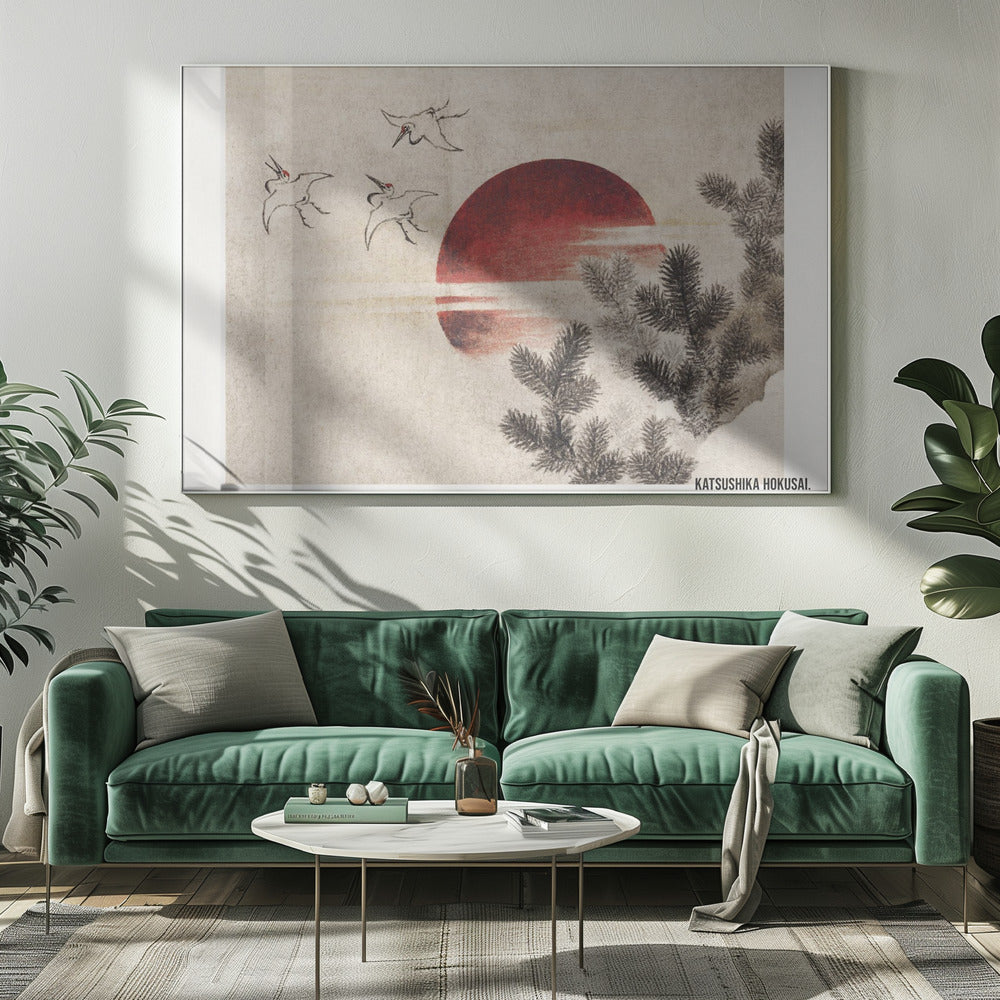 A vintage Japanese Ukiyo-e style painting by Katsushika Hokusai. The artwork features three cranes flying against a large, deep red sun on a textured beige background. In the foreground to the right, dark pine tree branches are depicted in black ink. Decor