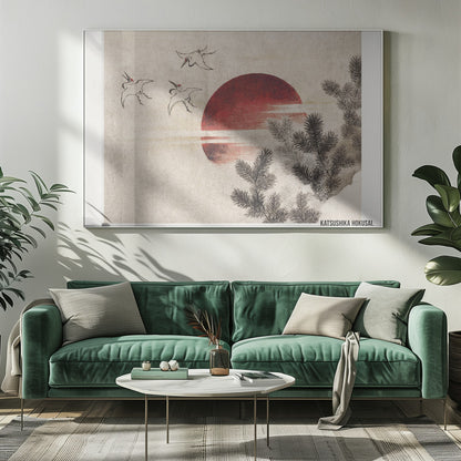 A vintage Japanese Ukiyo-e style painting by Katsushika Hokusai. The artwork features three cranes flying against a large, deep red sun on a textured beige background. In the foreground to the right, dark pine tree branches are depicted in black ink. Decor