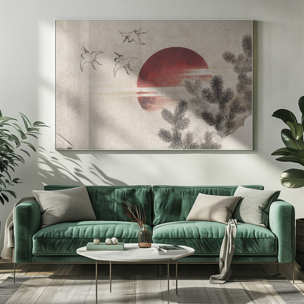 A Japanese-style painting on textured beige paper, featuring a large, vibrant red sun. In the upper left, three cranes are sketched in black ink, flying towards the sun. Dark pine tree branches enter the frame from the right foreground. The entire artwork is displayed within a silver frame. Decor