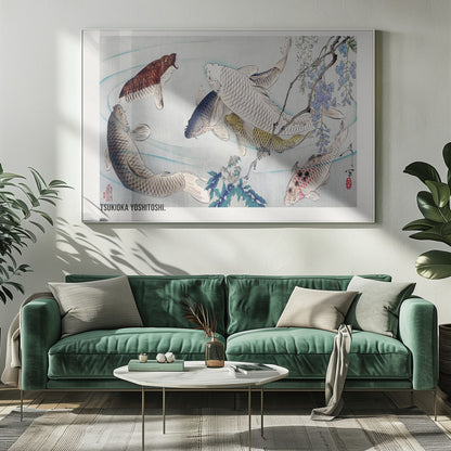 A framed Japanese woodblock print by Tsukioka Yoshitoshi featuring several colorful koi fish swimming in light blue water. A branch with purple wisteria flowers dangles from the top right corner, and the artist's signature is visible. Decor