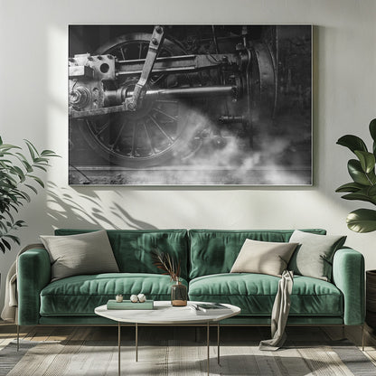 A dramatic, black and white close-up photograph of the wheels and driving rods of a steam locomotive. Puffs of steam rise from the tracks, partially obscuring the lower part of the machinery. Print