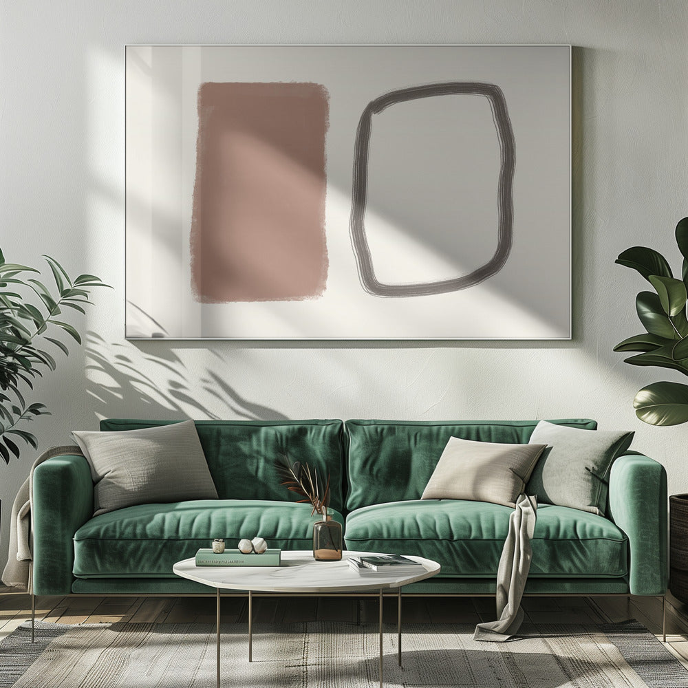 A minimalist abstract artwork in a silver frame, featuring a solid terracotta brown rectangle next to a hand-drawn, rounded rectangular outline in charcoal grey, both set against a cream background. Poster