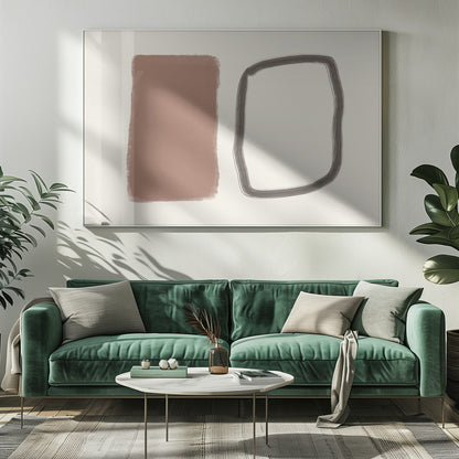 A minimalist abstract artwork in a silver frame, featuring a solid terracotta brown rectangle next to a hand-drawn, rounded rectangular outline in charcoal grey, both set against a cream background. Poster