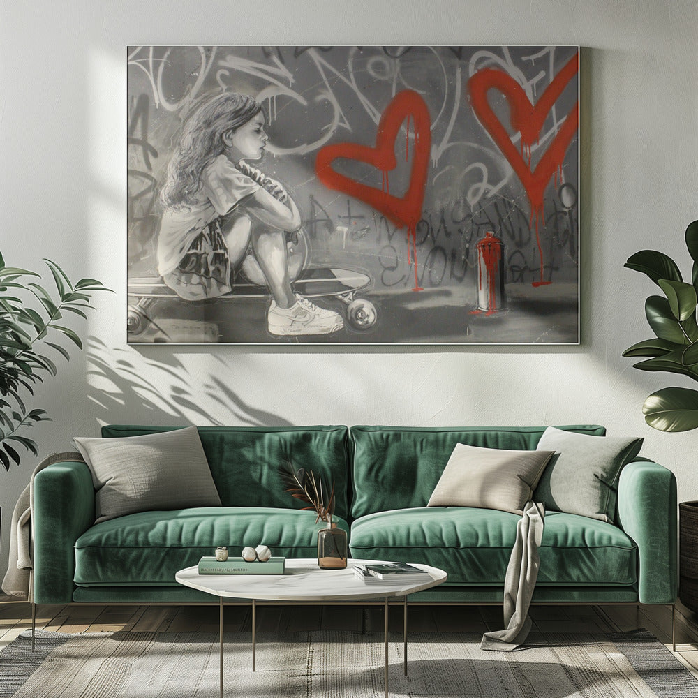 A monochrome street art painting of a young girl with long hair sitting thoughtfully on a skateboard. Behind her, a grey wall is covered in graffiti tags and two large, bright red hearts are spray-painted with drips running down. A red and white spray paint can sits on the ground next to her. Artwork