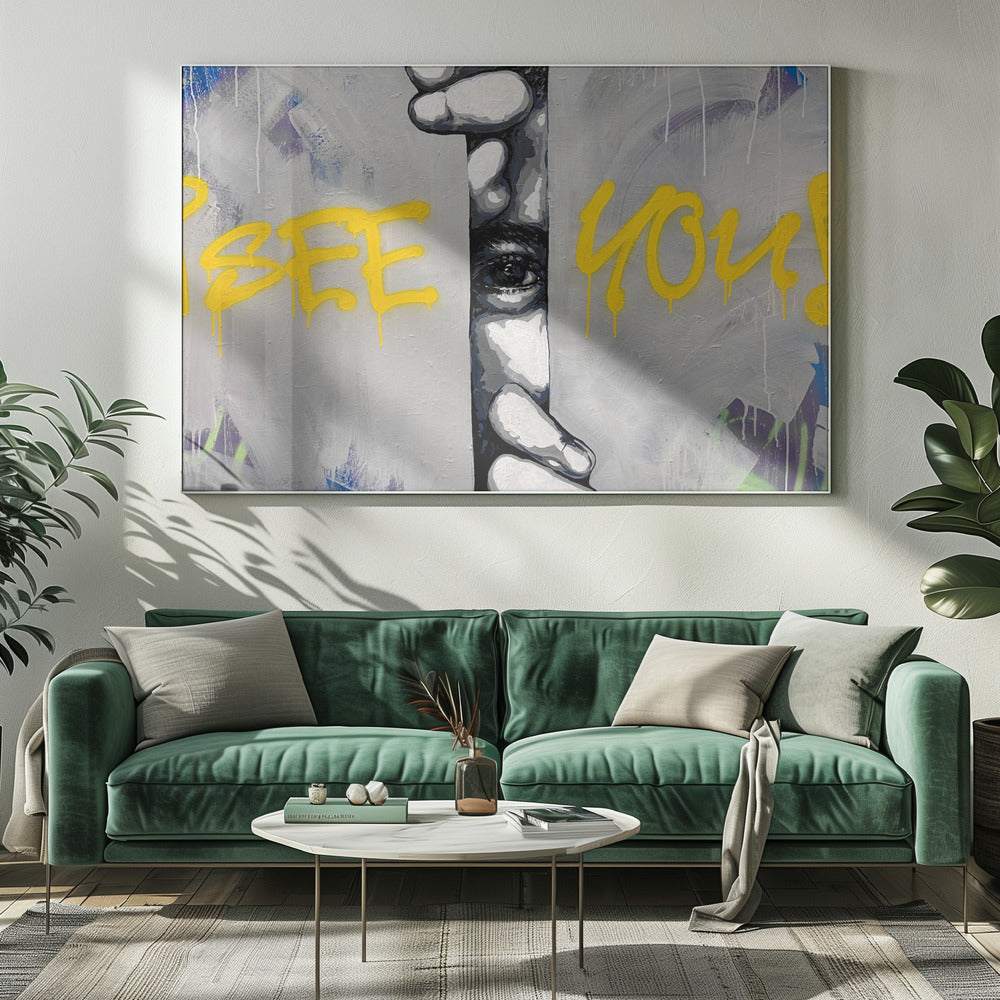 A framed modern art piece depicting a black and white eye peeking through a narrow vertical opening, with hands gripping the sides. The background is a textured gray with vibrant yellow graffiti-style text that reads 'I SEE YOU!' with paint drips. Print
