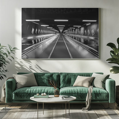 A framed, black and white, low-angle photograph looking up a long, steep, and empty escalator in a subway tunnel. The symmetrical composition uses the shiny metal handrails and rows of overhead lights as leading lines, creating a dramatic sense of depth and perspective. Print