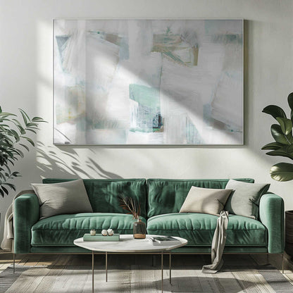 Abstract painting with bold white brushstrokes over a background of soft green, blue, and beige hues in a silver frame.