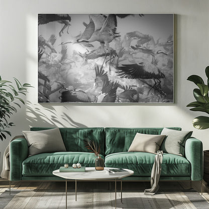 A dynamic and chaotic black and white photograph of a large flock of cranes taking flight. The image is filled with the motion of flapping wings and dangling legs, creating a sense of powerful, collective movement. The photo is presented in a silver frame. Wall Art