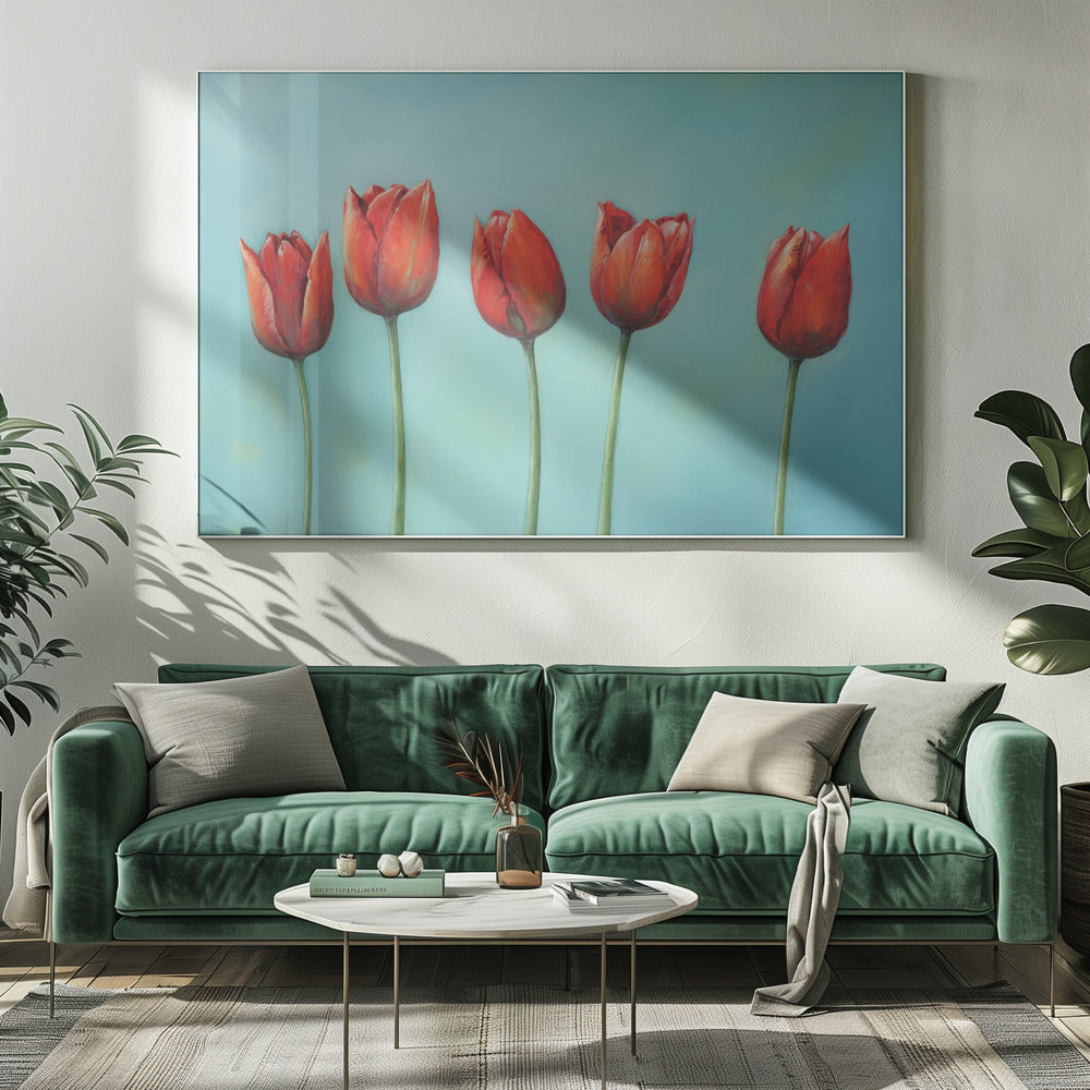 A painting of five vibrant red tulips in a row with long green stems, set against a solid light teal background and enclosed in a silver frame. Wall Art