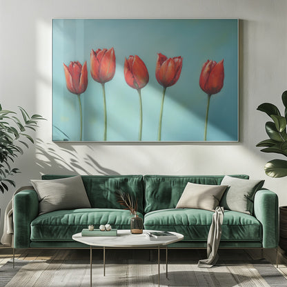 A painting of five vibrant red tulips in a row with long green stems, set against a solid light teal background and enclosed in a silver frame. Wall Art