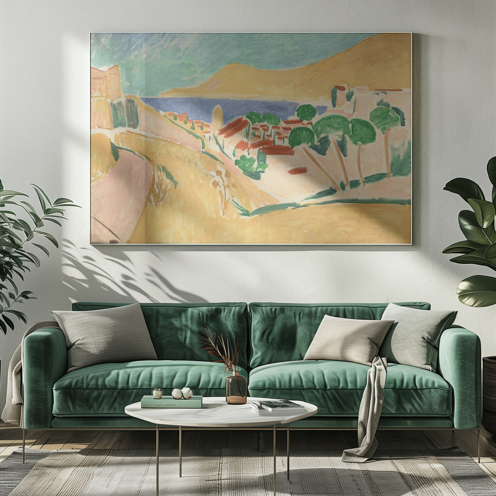 A Fauvist-style painting of a sunny coastal town, enclosed in a silver frame. The scene features warm yellow and pink hills, a village with red-roofed buildings and vibrant green trees, set against a deep blue sea and a large golden hill under a light blue sky. Print