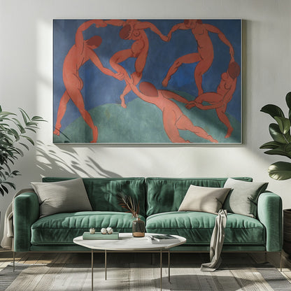 A framed print of Henri Matisse's painting 'The Dance,' featuring five nude, reddish-orange figures holding hands and dancing in a circle against a vibrant blue sky and a green hill. Decor
