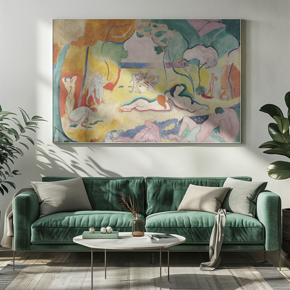 A framed print of Henri Matisse's Fauvist painting, 'Le bonheur de vivre' (The Joy of Life). It shows a vibrant, colorful landscape with numerous nude figures relaxing, dancing, and playing music. The scene uses unnaturalistic colors like yellow earth, orange and green trees, and a pink sky to evoke a sense of idyllic joy. Decor