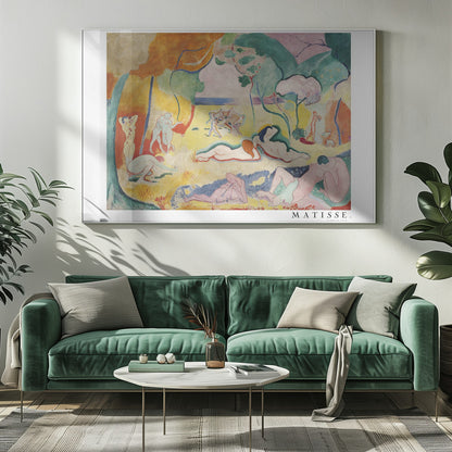 A framed art print of Henri Matisse's famous Fauvist painting, 'Le Bonheur de Vivre' (The Joy of Life). The colorful, idyllic landscape is filled with nude figures lounging, dancing, and playing music under vibrant yellow, orange, and green trees against a pink sky. Wall Art