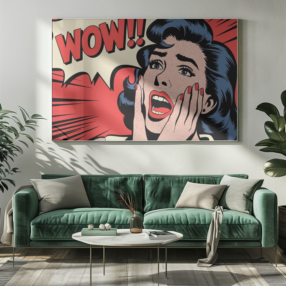 A pop art comic book panel of a woman with blue hair and red lipstick looking shocked, with her hands on her cheeks and mouth open. Behind her, a red speech bubble exclaims 'WOW!!'. Decor