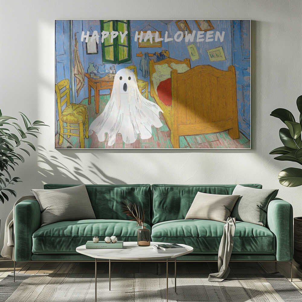 A parody of Vincent van Gogh's famous 'Bedroom in Arles' painting. A white, cartoonish ghost with a surprised expression hovers in the middle of the iconic, colorful room. Above the scene, the words 'HAPPY HALLOWEEN' are displayed in a textured white font. The artwork is presented in a silver frame. Wall Art