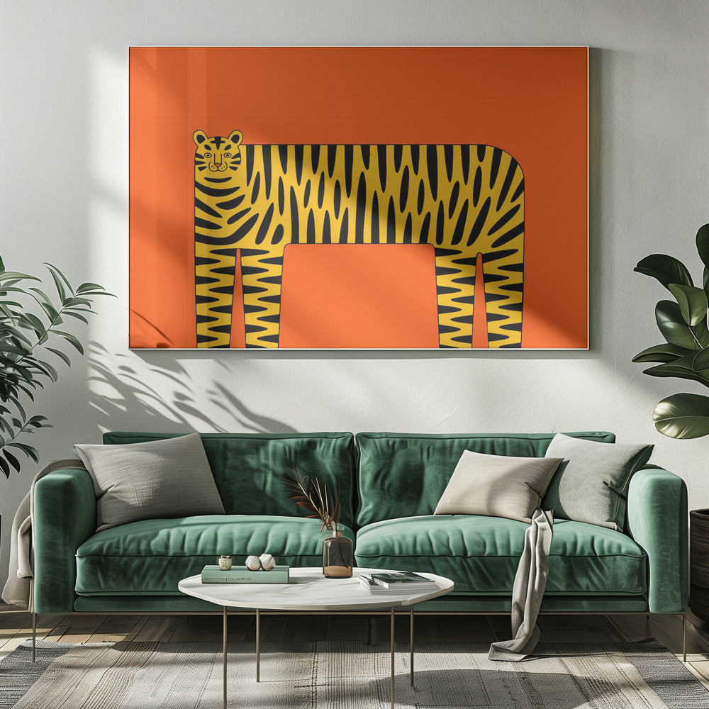 A stylized illustration of a tiger with a long, rectangular body and bold black stripes on a yellow coat, set against a solid, bright orange background and enclosed in a silver frame. Decor