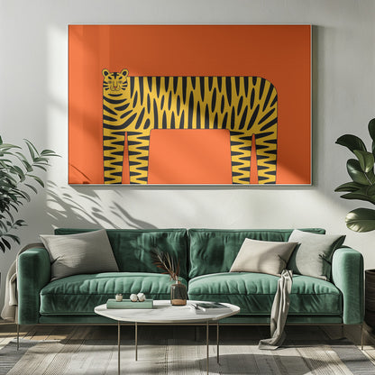 A stylized illustration of a tiger with a long, rectangular body and bold black stripes on a yellow coat, set against a solid, bright orange background and enclosed in a silver frame. Decor