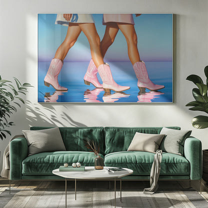 A pop art style painting of the legs of two women wearing matching pink cowboy boots and short skirts, walking across a reflective blue surface that mirrors their steps. The background is a gradient of blue and lavender, and the entire image is contained within a silver frame. Wall Art