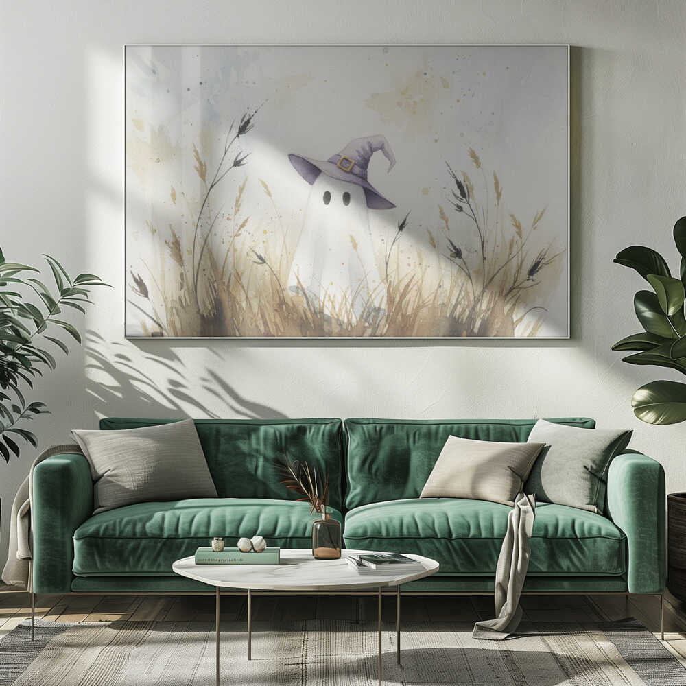 A whimsical watercolor painting of a cute white ghost wearing a purple witch's hat. The ghost is standing in a field of tall, dry brown and beige grasses against a light, splotchy background, all within a silver frame. Artwork