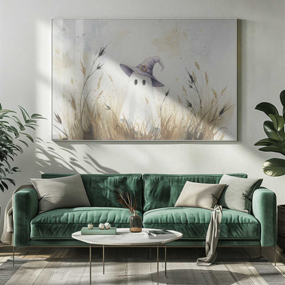 A whimsical watercolor painting of a cute white ghost wearing a purple witch's hat. The ghost is standing in a field of tall, dry brown and beige grasses against a light, splotchy background, all within a silver frame. Artwork