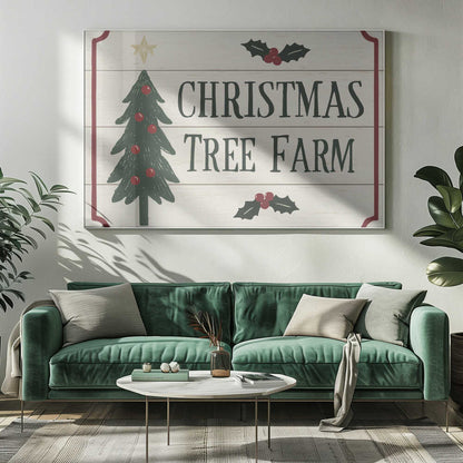 Vintage 'Christmas Tree Farm' sign with a decorated tree and holly. Rustic holiday wall art.