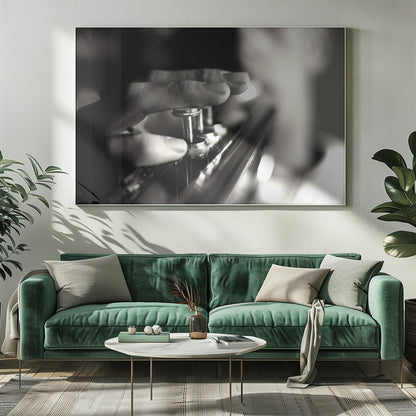 A dramatic, close-up, black and white photograph of a musician's fingers pressing down on the silver valves of a trumpet, with a soft, out-of-focus background. The image is enclosed in a brushed silver frame. Poster