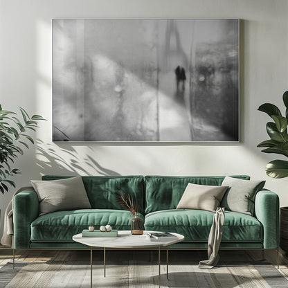 A framed, moody black and white photograph with a heavy blur effect, depicting a couple's silhouette walking towards the distant, hazy Eiffel Tower on what appears to be a rainy day in Paris. Artwork