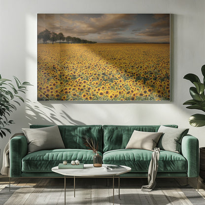 A framed photograph of a massive field of golden sunflowers stretching to the horizon under a dramatic, cloudy sky at sunset. A long row of trees is visible in the distance. Decor