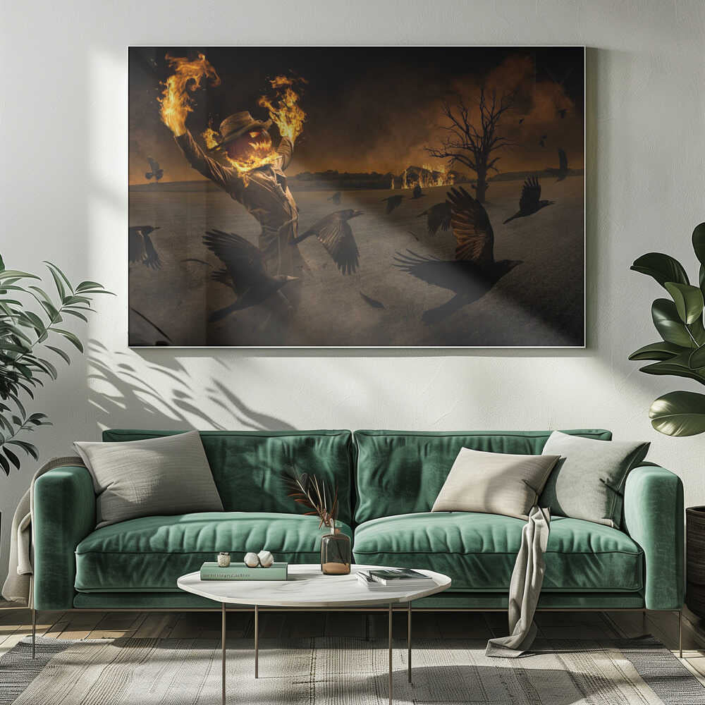 A terrifying scarecrow with a glowing jack-o'-lantern for a head stands in a dark field, its hands engulfed in flames raised towards the sky. A flock of black crows flies around it in a frenzy, while in the background, a barn burns under a dark, smoky orange sky. Wall Art