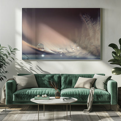 A serene macro photograph of a single, perfect water droplet resting on a delicate white feather. The background is a soft, warm gradient from dark to light brown, creating a peaceful and fragile mood. Artwork