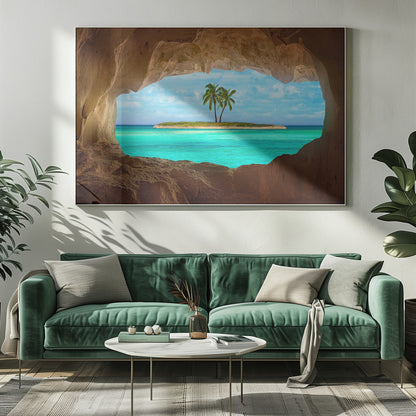 A framed artwork depicting a view from inside a rocky cave looking out at a small tropical island with two palm trees. The cave's natural arch frames the vibrant turquoise ocean and the bright blue sky, creating a sense of a hidden paradise. Artwork
