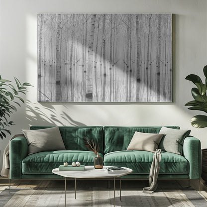 A framed, black and white photograph captures a serene forest of birch trees standing in calm water. The tree trunks are reflected perfectly, creating a striking symmetrical pattern that fades into a misty background. Wall Art