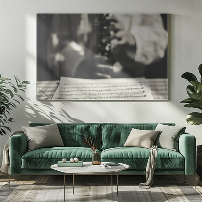 A shallow depth of field, black and white photograph focusing on sheet music in the foreground. The background is softly blurred, showing the hands of a musician holding a woodwind instrument. Wall Art