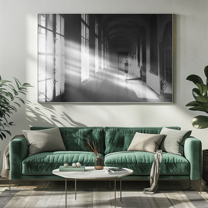 A black and white photograph of a woman walking away down a long, dark hallway. Bright shafts of sunlight pour through large windows on the left, creating a dramatic interplay of light and shadow on the floor and walls. Poster