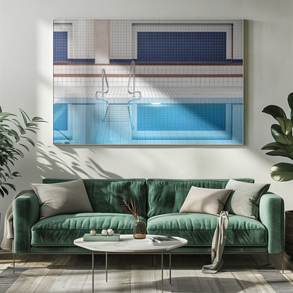 A framed, symmetrical photograph of a minimalist indoor swimming pool with blue and white tiles, stainless steel ladders, and a calm, reflective water surface. Poster