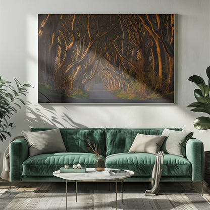 A framed photograph of the Dark Hedges in Northern Ireland, where gnarled beech trees form a natural tunnel over a country road, their branches glowing in the golden light of sunrise or sunset. Print