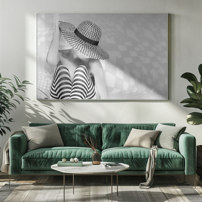 A black and white artistic photograph of a woman sitting down, her face obscured by a large, wide-brimmed sun hat with a black and white chevron pattern. She is wearing black and white striped leggings and holding the brim of her hat with one hand. The image is set against a plain background with patterned shadows and is presented within a silver frame. Artwork