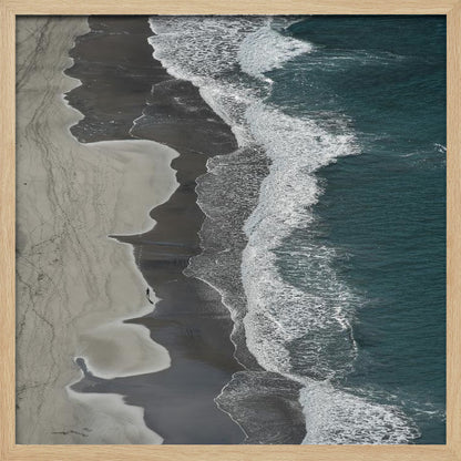 An art print depicting dynamic running ocean waves with white foam and shades of blue and aqua water. Decor