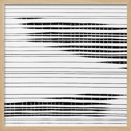 A framed abstract artwork featuring black horizontal lines on a white background. The lines vary in thickness and some sections are broken by vertical white spaces, creating a rhythmic and textured pattern. The piece is enclosed in a simple, light-colored wood frame. Poster