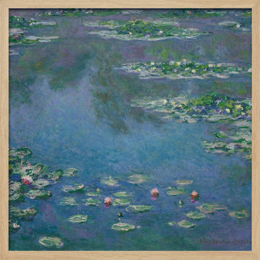 An Impressionist painting by Claude Monet depicting a serene water lily pond. The canvas is filled with cool blue and purple water reflecting the sky, dotted with green lily pads and occasional pink and white water lily blossoms. The artwork is presented in a light wood frame. Artwork