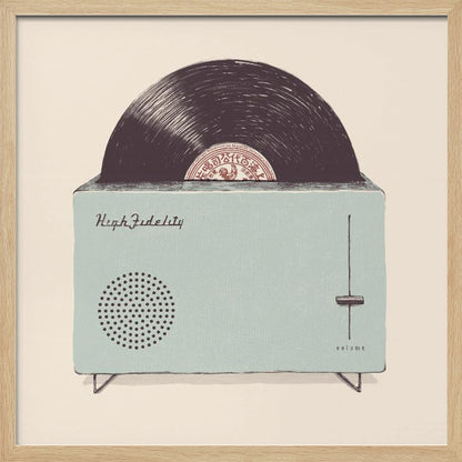 A vintage-style illustration of a light blue record player cleverly designed to look like a toaster. A black vinyl record pops out of the top slot like a slice of toast. The device is labeled 'High Fidelity' and has a volume slider, all set against a cream background within a light wood frame. Poster