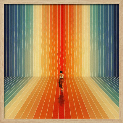 A surrealist artwork in a light wood frame depicting a woman seen from behind walking into a room with infinite perspective. The walls and floor are made of continuous, wavy vertical stripes in a rainbow gradient, starting with cool blues and transitioning to warm oranges and a central red path. Poster