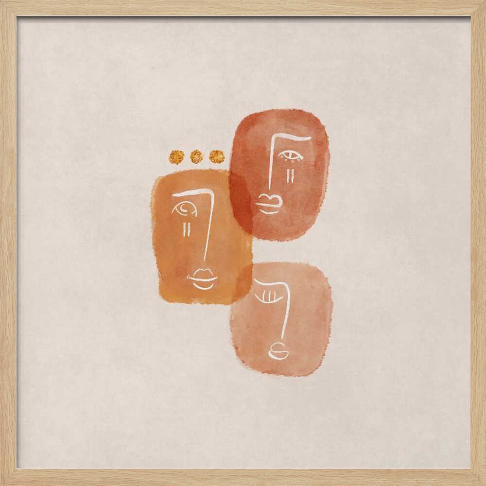 A minimalist abstract painting in a light wood frame, featuring three stylized faces rendered in orange and terracotta watercolor shapes with simple white line art on a textured beige background. One face is adorned with three small gold dots above it. Artwork