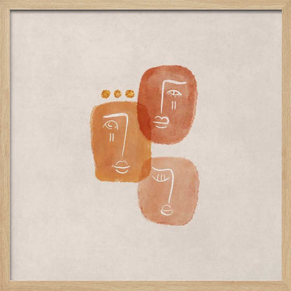 A minimalist abstract painting in a light wood frame, featuring three stylized faces rendered in orange and terracotta watercolor shapes with simple white line art on a textured beige background. One face is adorned with three small gold dots above it. Artwork