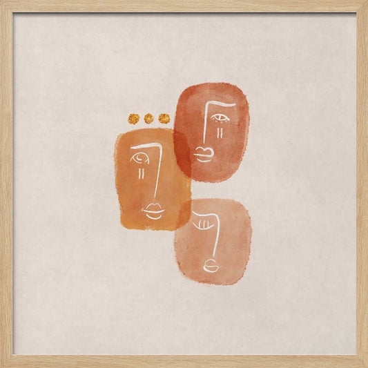 A minimalist abstract painting in a light wood frame, featuring three stylized faces rendered in orange and terracotta watercolor shapes with simple white line art on a textured beige background. One face is adorned with three small gold dots above it. Artwork